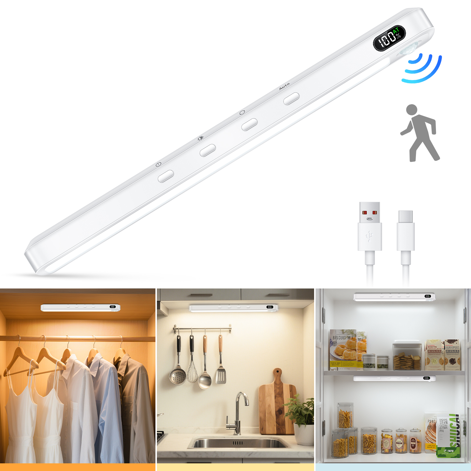USB-C Rechargeable Motion Sensor Cabinet Lights ,for Kitchen, Bathroom, Closet & Indoor Use